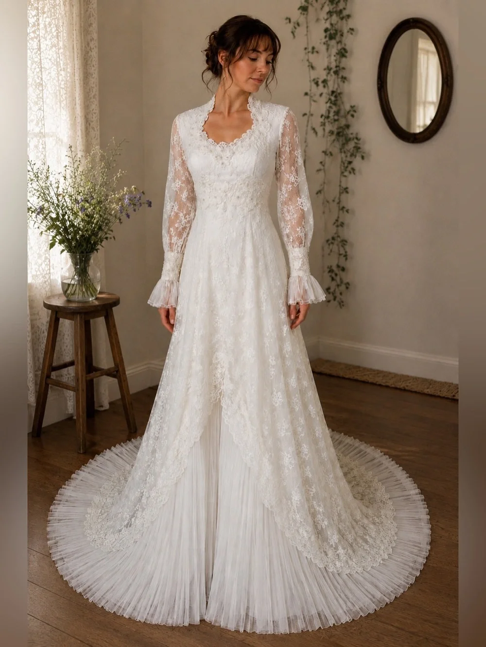 vintage ivory dresses Romantic Ivory Long Sleeve Vintage Dress